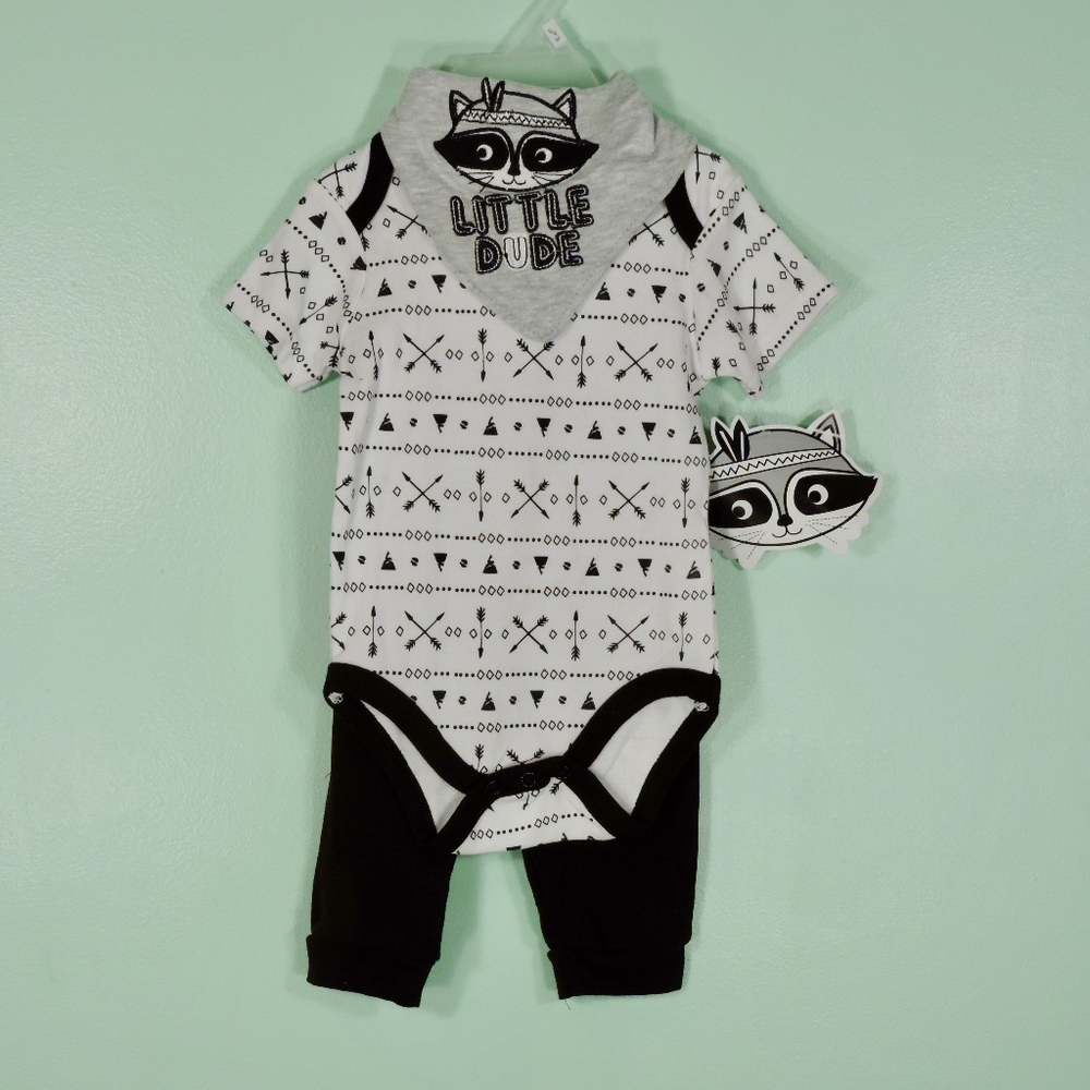 Raccoon Onesie, Pants & Bib 3piece boys 6-9 months